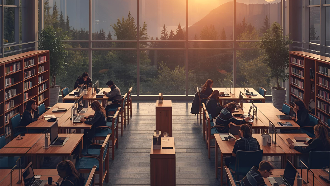A modern library with students studying.