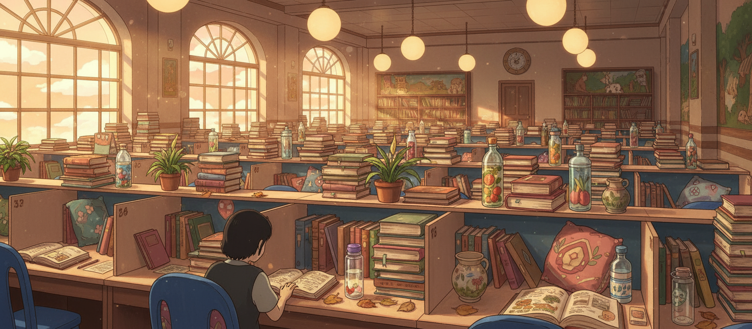 A bookshelf filled with colorful books.