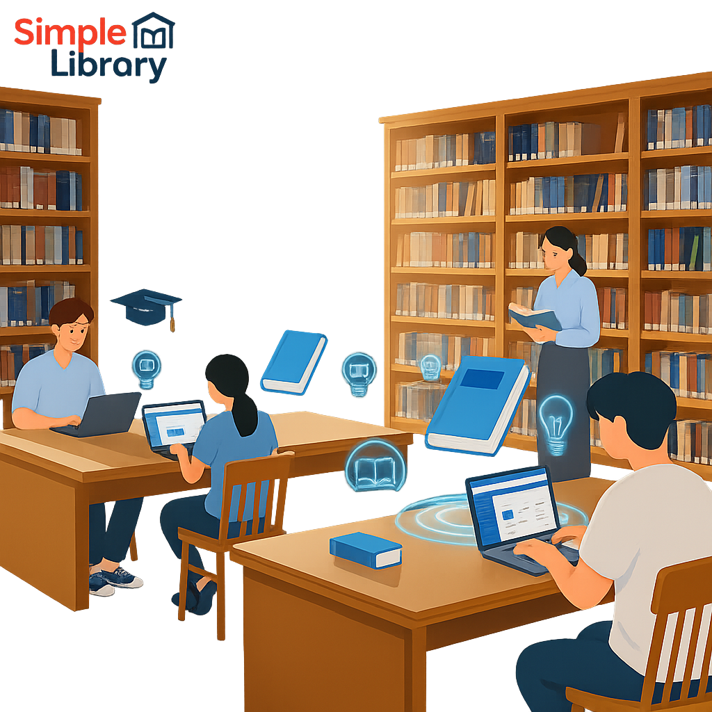 Students studying in a library.